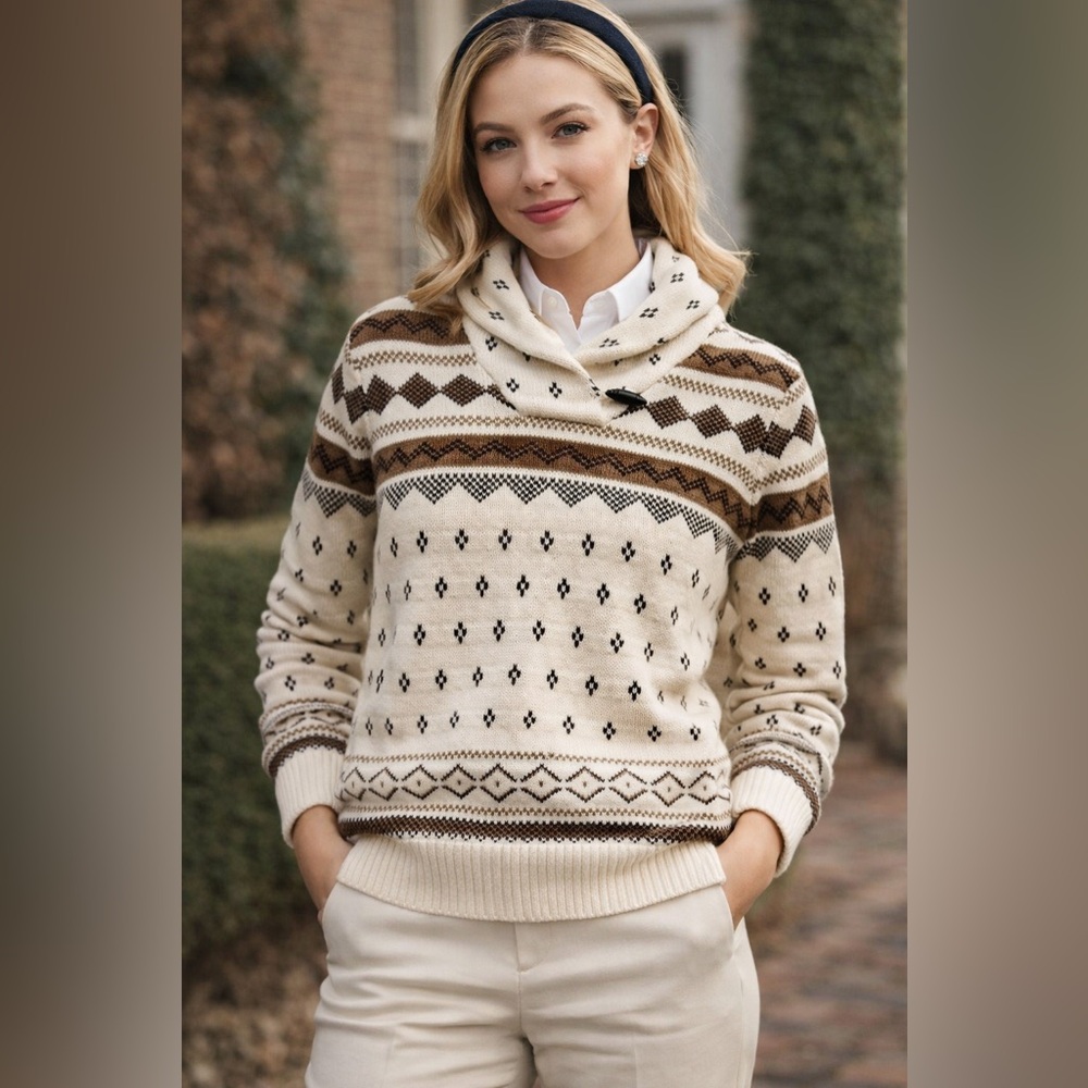 CHAPS Ralph‎ Lauren Women Sweater XL THICK Ivory Shawl Collar Fair Isle Toggle